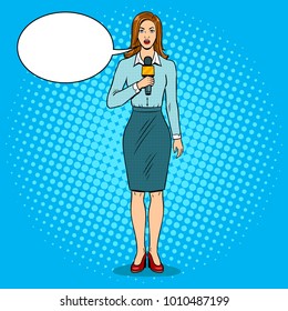 Journalist is reporting with microphone pop art retro vector illustration. Text bubble. Color background. Comic book style imitation.
