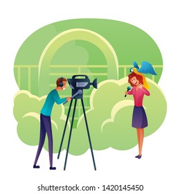 Journalist reports about zoo flat vector illustration. Female journalist with parrot on head and cameraman shooting report on street cartoon characters. Live broadcasting, tv show production process