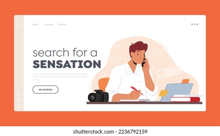 Journalist Search Sensation Landing Page Template. Writer, Editor, Blogger Male or Character Sit at Workplace with Laptop and Photo Camera Searching Information, Cartoon People Vector Illustration