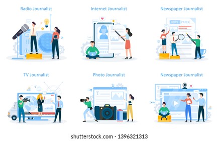 Journalist Set. TV Reporter With Microphone. Mass Media Profession. Newspaper, Internet And Radio Journalism. Vector Illustration In Cartoon Style