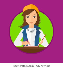 Journalist sitting at the table and writing in notebook with pencil. Journalist writing notes with pencil. Journalist at work. Vector flat design illustration in the circle isolated on background.