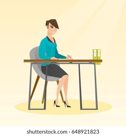 Journalist sitting at the table and writing in a notebook with a pencil. Journalist writing notes with a pencil. Business woman working at the table. Vector flat design illustration. Square layout.