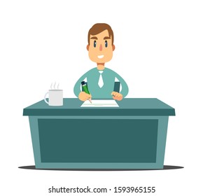 journalist sitting at the table and writing notes on a piece of paper with a pen. Young smiling journalist writing an article. Vector cartoon illustration isolated on white background