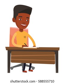 Journalist sitting at the table and writing notes in notebook. Journalist writing an article. Journalist working at the table in office. Vector flat design illustration isolated on white background.