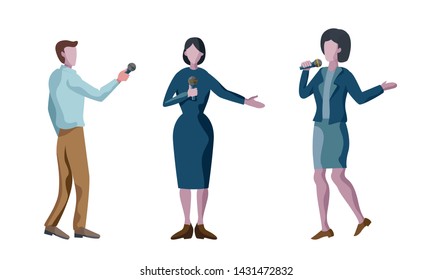 journalist standing and reporting in different poses  