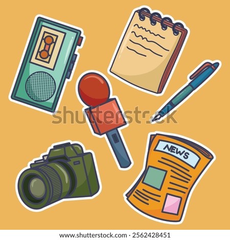 Journalist stuff stickers set concept
