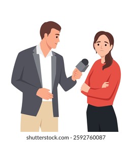 Journalist in a suit holds a microphone towards a sad woman in a red sweater with crossed arms. Flat vector illustration isolated on white background