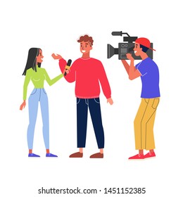Journalist take interview and cameraman shooting video. Girl with microphone ask question. Interviewing famous person. Isolated vector illustration in cartoon style
