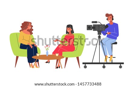 Journalist take interview and cameraman shooting video. Girl ask question. Interviewing famous person. Isolated vector illustration in cartoon style
