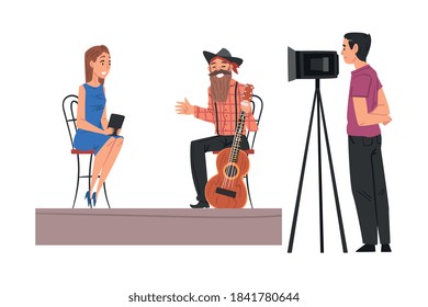 Journalist Taking Interview at Guest and Cameraman Looking Through Camcorder on Tripod in Studio, Television Industry Concept Cartoon Style Vector Illustration