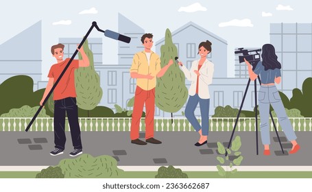 Journalist taking interview in street vector illustration. Happy reporter talking about recent news in front of camera and microphone. Media freedom, news essentials, television concept