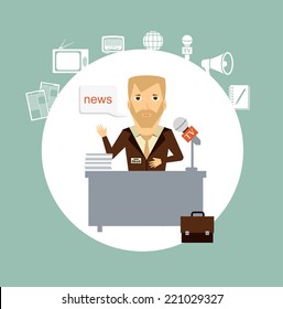 journalist tells the news while sitting at the table llustration