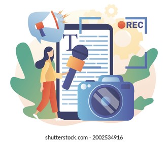 Journalist. Tiny woman journalist with microphone, smartphone and camera. Mass media news. TV, newspaper, internet and radio journalism. Live Stream. Modern flat cartoon style. Vector illustration