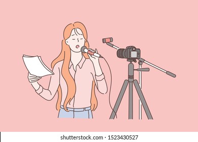 Journalist, trainee on video casting concept. Young girl, newbie reporter with microphone reading text from paper sheets in front of camera on tripod. Simple flat vector