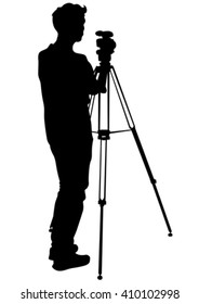 Journalist and tripod of video camera on white background