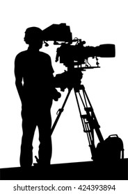 Periodista y trípode de cámara de video de fondo blanco