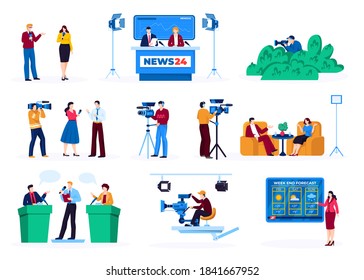 Journalist Of Tv News Reporter Interview In Mass Media Set Of Isolated Vector Illustrations. Television Broadcoasting Report, Interviewee, Press Presenter And Journalism. Correspondent With Camera.