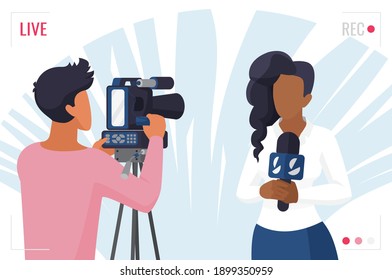 Journalist Tv News, Reporter Video Interview With Camera Vector Illustration. Cartoon Woman Interviewer With Microphone And Professional Cameraman Videographer, Journalism Concept Isolated On White