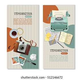 Journalist typewriter camera and other tools for work vertical banners with text fields flat isolated vector illustration