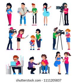 Journalist vector cameraman character and tv reporter broadcasting news or press interview with man or woman illustration set of journalistic people working on television isolated on white background