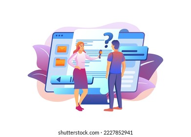 Journalist violet gradient concept with people scene in the flat cartoon design. Journalist ask interesting questions to a famous person. Vector illustration.