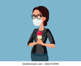 Journalist Wearing Face mask Reporting During Pandemic Vector Cartoon. Tv reporter working wearing personal protective gear
