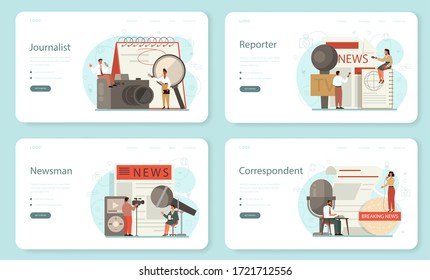 Journalist web banner or landing page set. TV reporter with microphone. Mass media profession. Newspaper, internet and radio journalism. Vector illustration in cartoon style