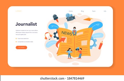 Journalist web banner or landing page. TV reporter with microphone. Mass media profession. Newspaper, internet and radio journalism. Vector illustration in cartoon style