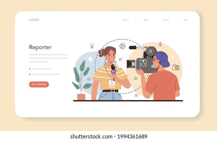 Journalist web banner or landing page. Newspaper, internet and radio journalism. TV reporter interviewing a person with a microphone. Mass media profession. Vector flat illustration