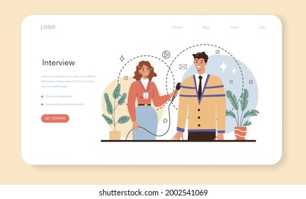 Journalist web banner or landing page. Newspaper, internet and radio journalism. TV reporter interviewing a person with a microphone. Mass media profession. Vector flat illustration