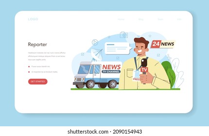 Journalist web banner or landing page. Newspaper, internet and radio journalism. TV reporter interviewing a person with a microphone. Mass media profession. Vector flat illustration