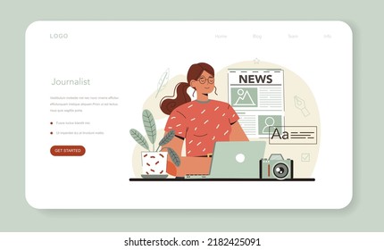 Journalist web banner or landing page. Newspaper journalism. Publisher writing article for the mass media. Daily news page, mass media profession. Vector flat illustration