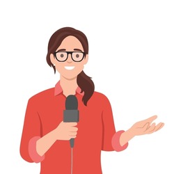 Journalist Woman. Beautiful Lady Reporter Holding Microphone. Flat Vector Illustration Isolated On White Background