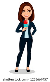 Journalist woman. Beautiful lady reporter holding microphone. Vector illustration on white background.