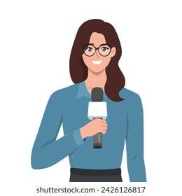 Journalist woman. Beautiful lady reporter holding microphone. Flat vector illustration isolated on white background