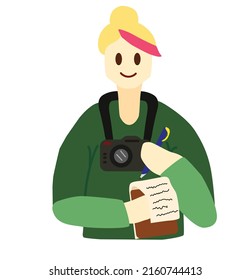  mujer periodista con cámara, escribe las notas. mujer fotógrafa. estilo plano, estilo de dibujos animados, vector aislado sobre fondo blanco. mujer con pelo color