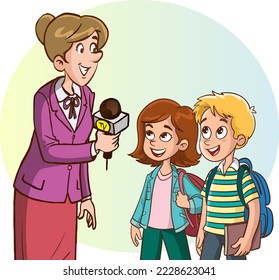 journalist woman doing street interview with students and children
