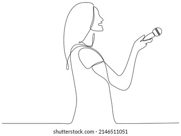 
Journalist woman drawing a single line. Beautiful female reporter holding microphone. Newscaster broadcasts news with a reporter. Modern continuous line drawing design vector graphic illustration