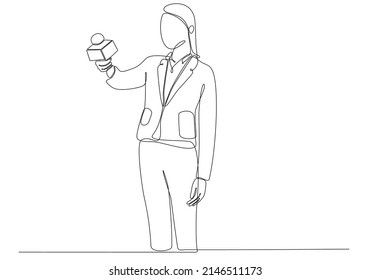 
Journalist woman drawing a single line. Beautiful female reporter holding microphone. Newscaster broadcasts news with a reporter. Modern continuous line drawing design vector graphic illustration