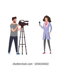 Journalist woman reporter presenting live news talk with man operator cameramen using video camera on tripod movie making concept. Vector illustration in flat cartoon style
