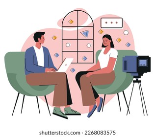 Journalist at work. Filming online TV show or video on professional camera. Host communicates with invited guest, interviews celebrity and asks questions. Cartoon modern flat vector illustration