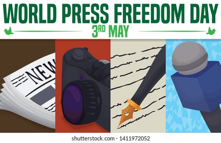 Journalist working tools to make a great report, inform and tell the true during World Press Freedom Day: newspaper, camera, fountain pen and microphone.