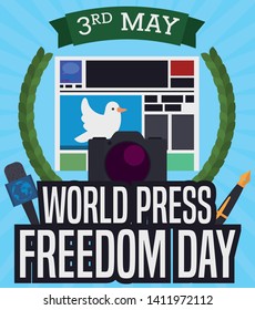 Journalist working tools promoting free speech during World Press Freedom Day celebration this 3rd May: camera, microphone, pen and newspaper with dove, inside olive wreath and ribbon with the date.