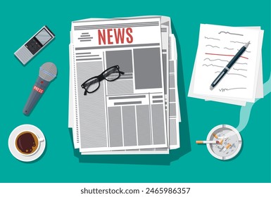 Journalist workplace. Newspaper, mouse. Paper sheets with text, pen. Ashtray, cigarette, coffee Eyeglasses recorder microphone Vector illustration in flat style