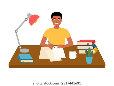 Journalist at workplace writing article or post sitting on table, cup of tea or coffee, papers and pens, lamp and plant in pot on desktop. Male writer concept.