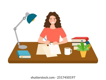 Journalist at workplace writing article or post sitting on table, cup of tea or coffee, papers and pens, lamp and plant in pot on desktop. Female writer concept.