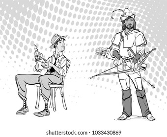 Journalist writes the text. Journalist interviewing Robin Hood. Retro journalist.