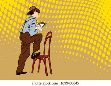 Journalist writes the text. Journalist interviewing somebody. Retro journalist.