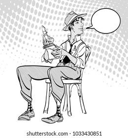 Journalist writes the text. Journalist interviewing somebody. Retro journalist.