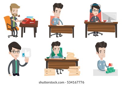 Journalist writing an article on a typewriter. Journalist working on typewriter. Journalist smoking pipe during writing an article. Set of vector flat design illustrations isolated on white background
